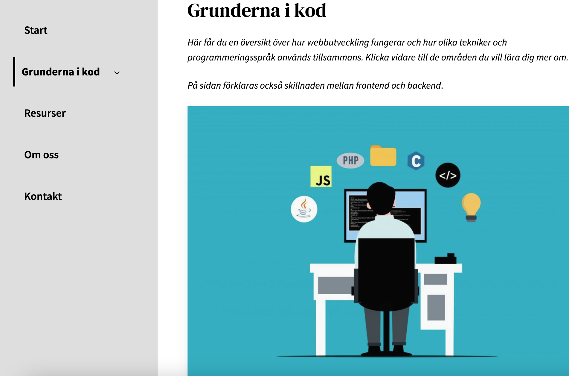 Overview of the Grunderna i kod page
