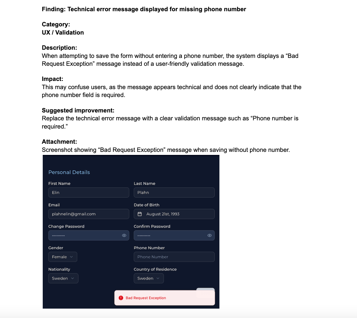 Technical error message shown instead of user-friendly validation feedback