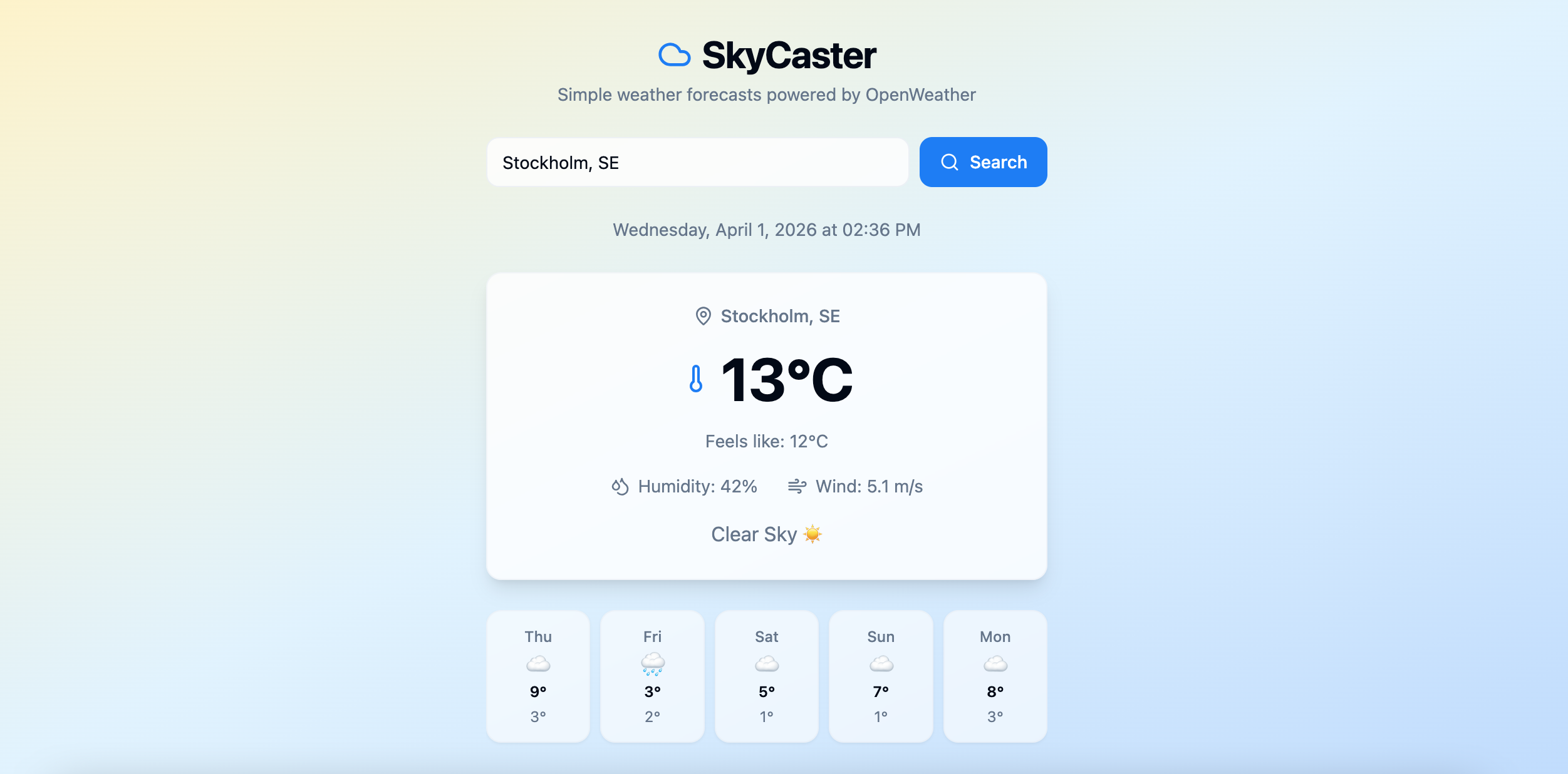 SkyCaster weather app interface