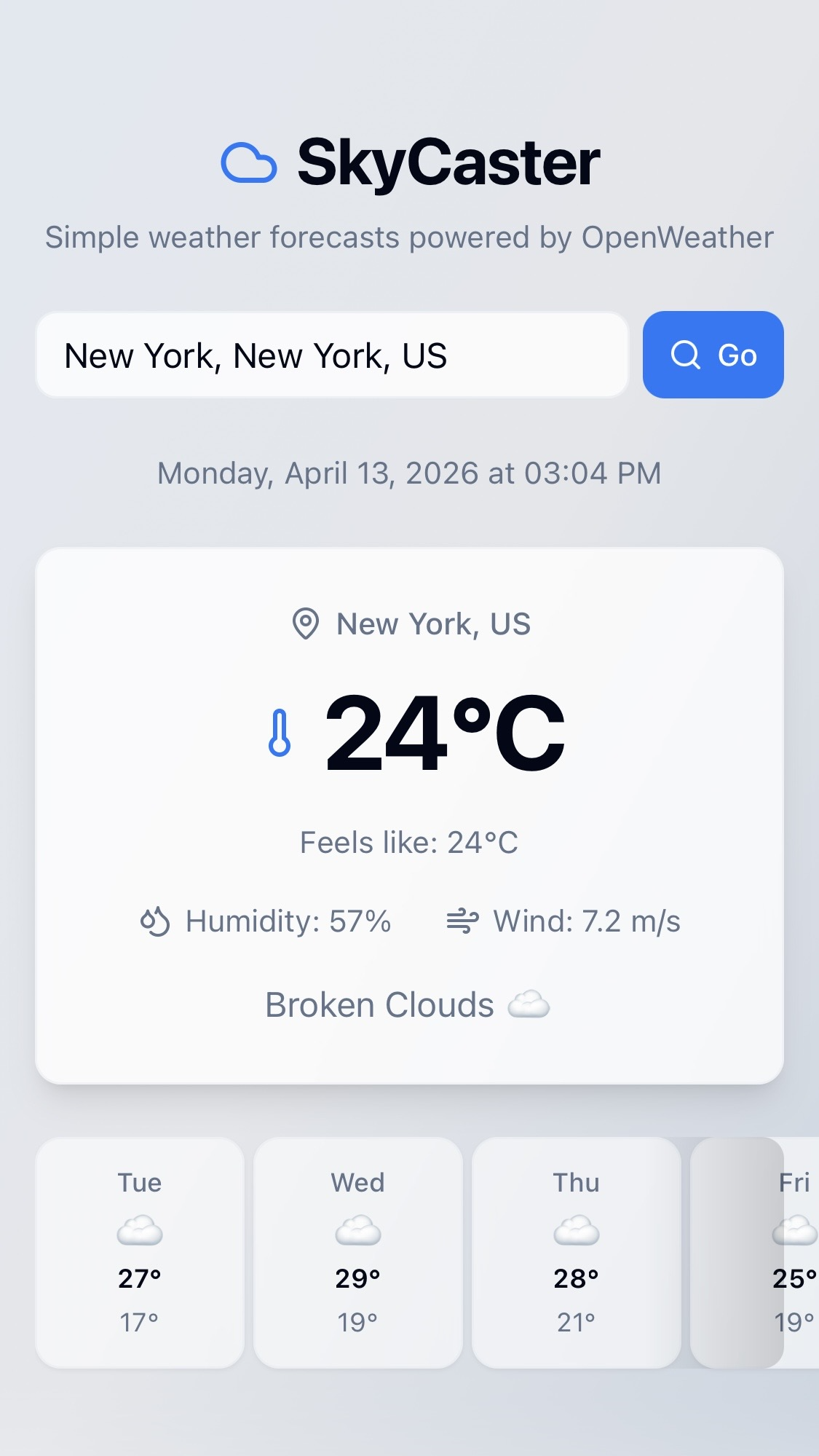 SkyCaster weather app interface
