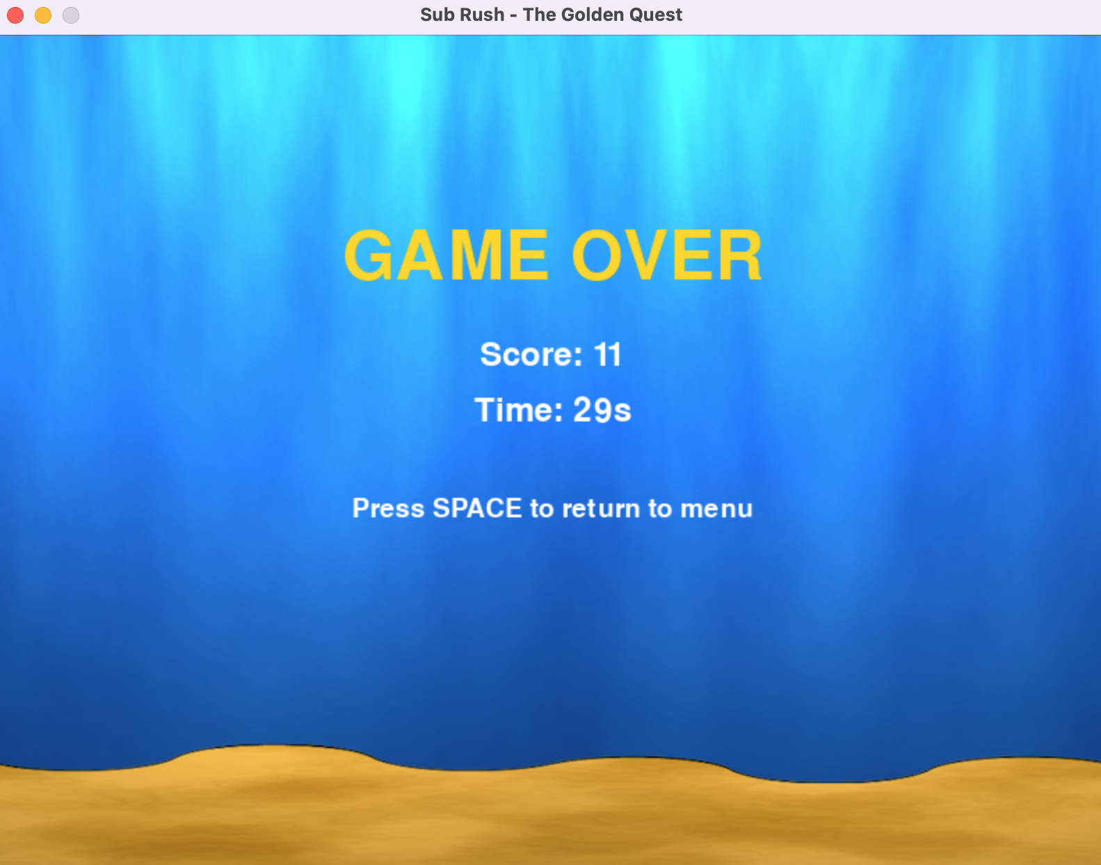 Game over screen showing final score and time