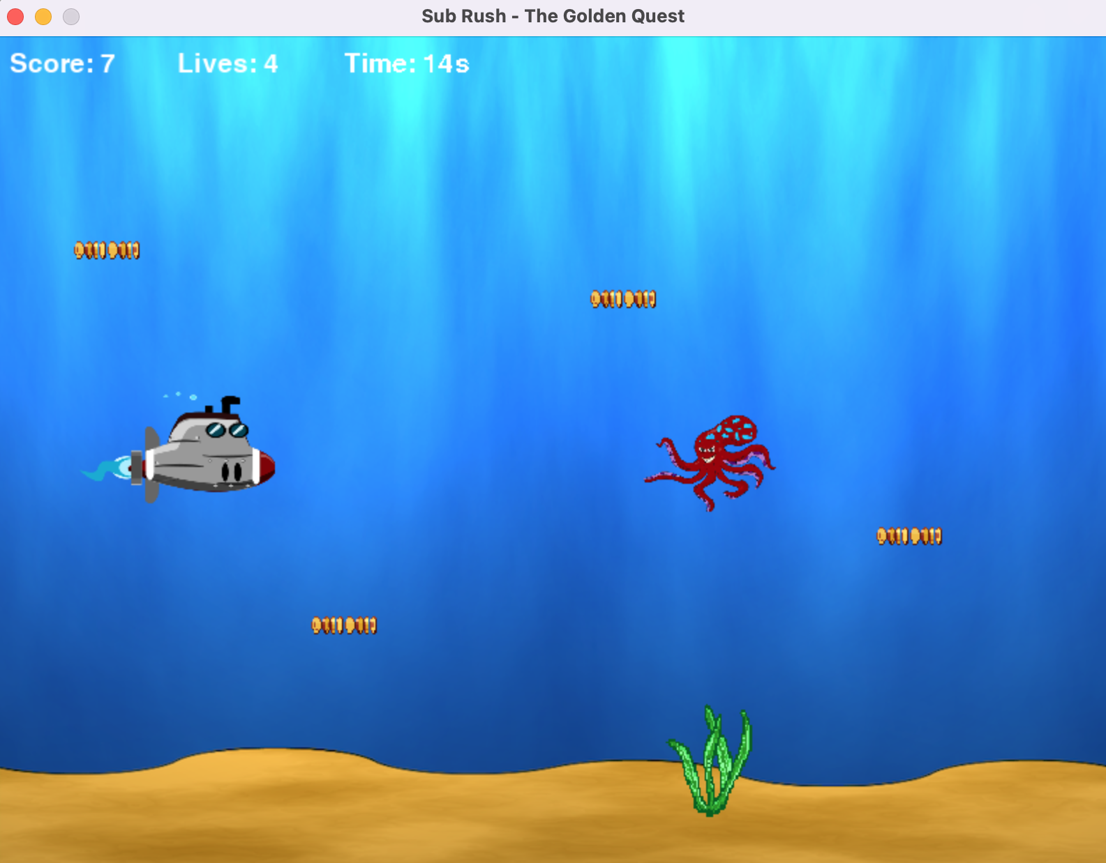 Gameplay showing submarine collecting coins and avoiding octopus enemies
