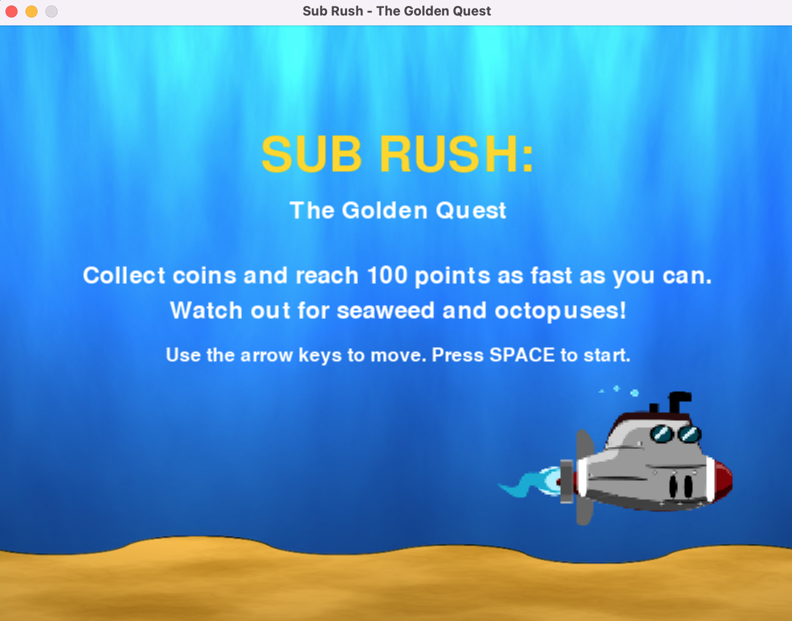 Gameplay showing submarine collecting coins and avoiding enemies